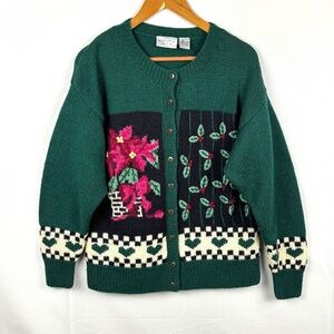 Vtg NORDSTROM Point Of View 100% Wool Embroidery Cardigan Sweater Sz S Holidays